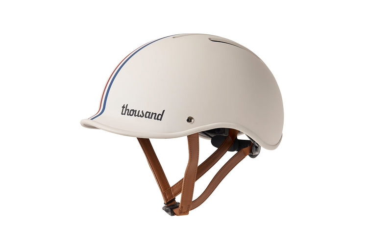 White Thousand Heritage 2.0 stylish bike helmet with red and blue stripes